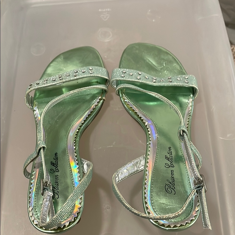 De Blossom Collection Green Rhinestone Sandals